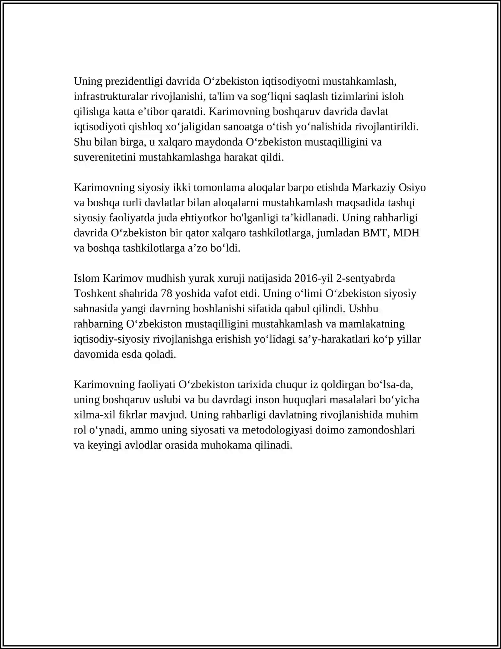 ISLOM KARIMOVNING VATAN SAJDAGOH KABI MUQADDASDIR ASARIGA KENG QAMROVLI REFERAT 4
