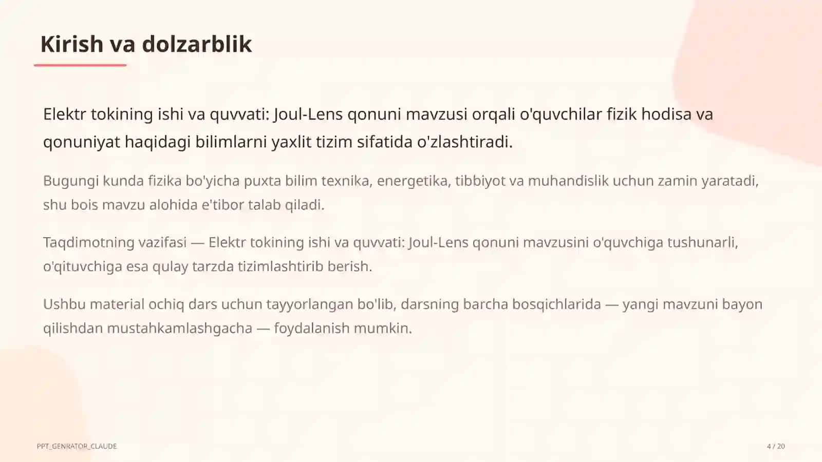 Elektr tokining ishi va quvvati: Joul-Lens qonuni (8-sinf) 4