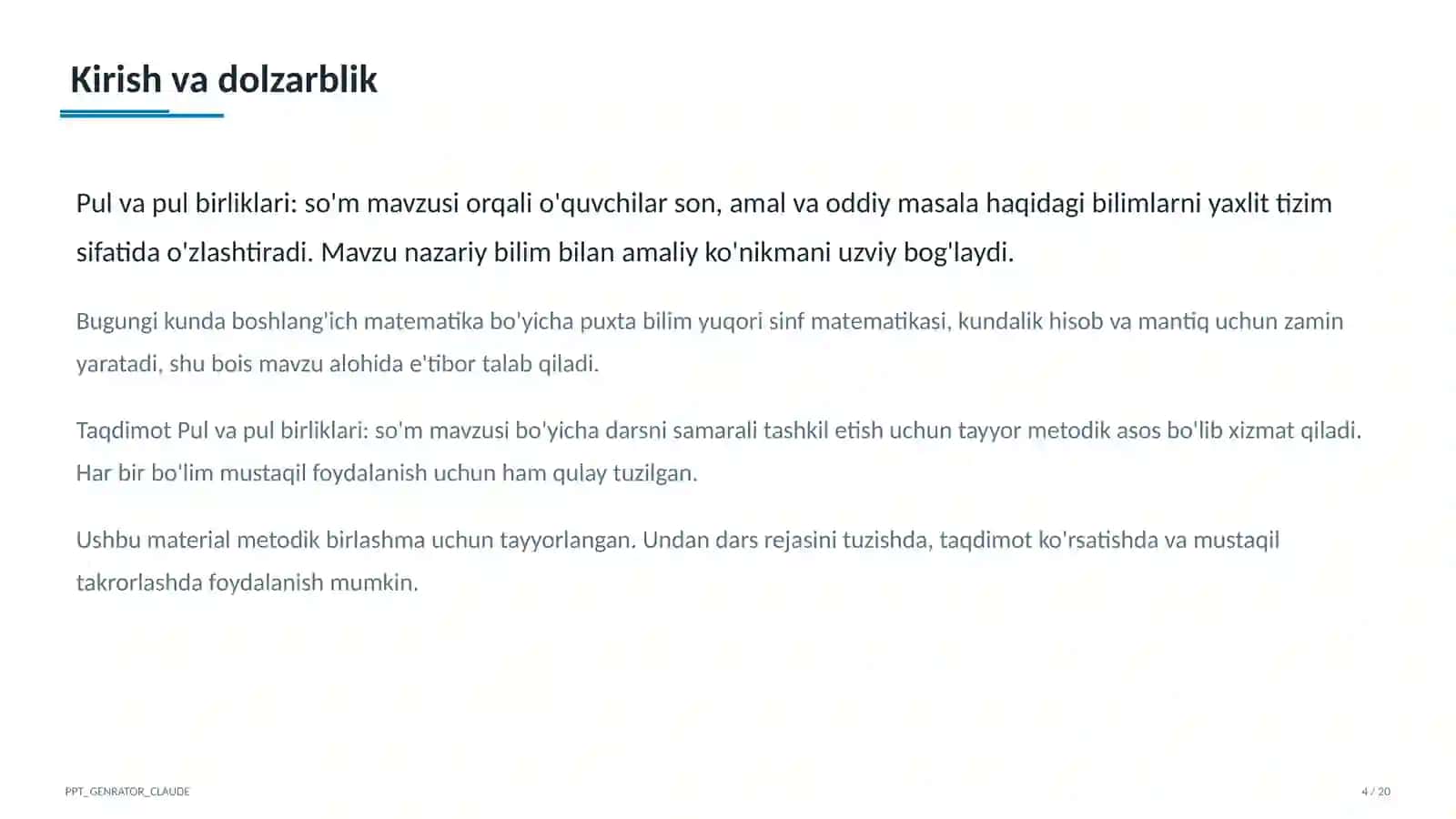 Pul va pul birliklari: so'm (2-sinf) 4