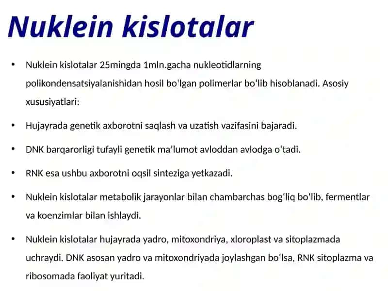 Nuklein kislotalar, nukleozidlar, nukleotidlar, DNK va RNK tuzilishi 4