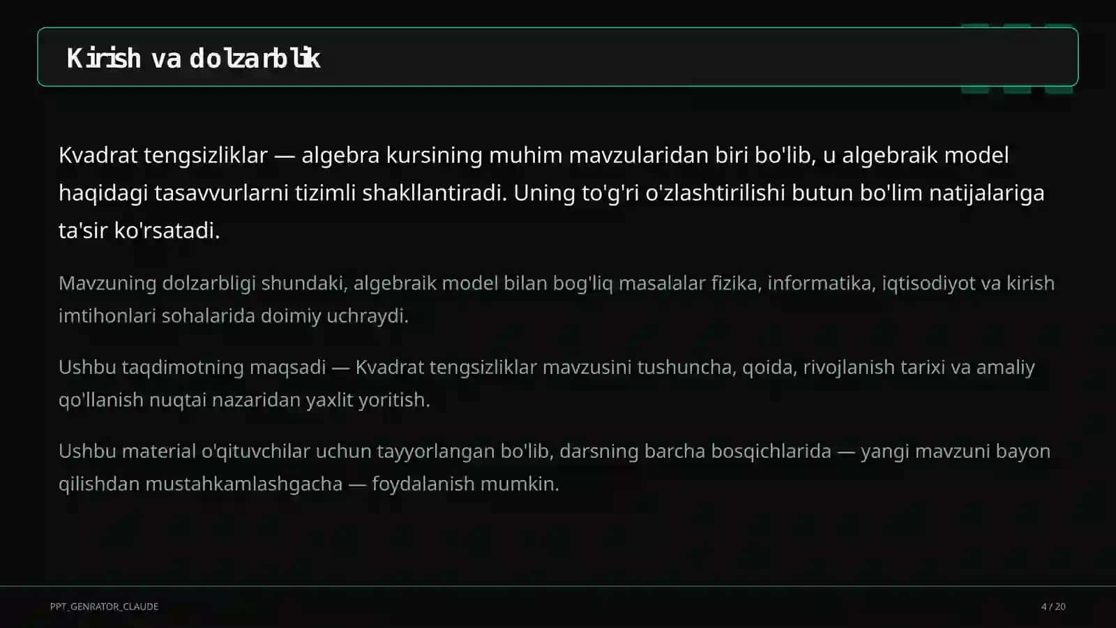 Kvadrat tengsizliklar (9-sinf) 4