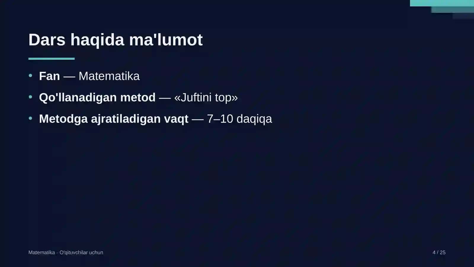 matematika darslarida juftini top metodidan foydalanish 2650 4