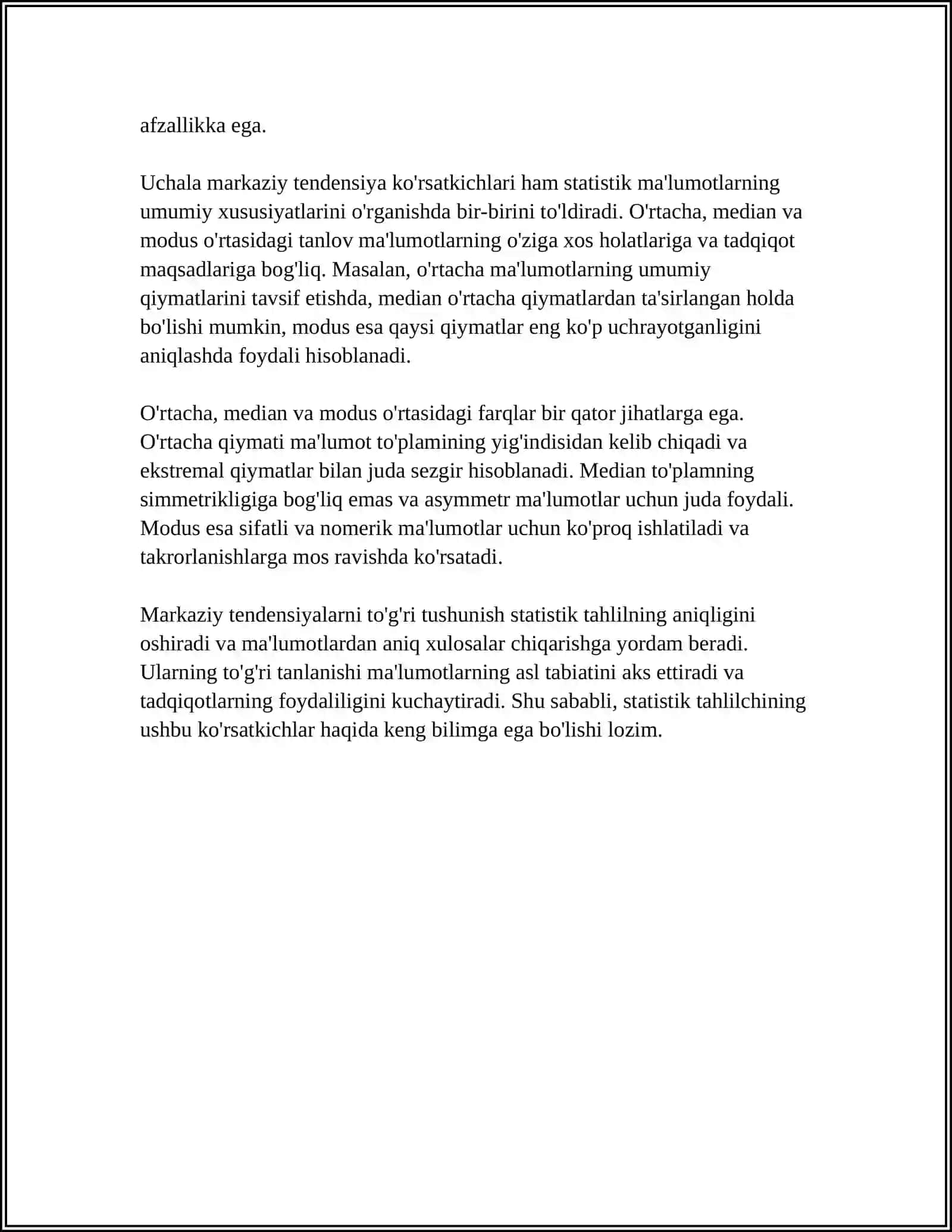 MIQDORIY KO'RSATKICHLARNING TAVSIFLOVCHI TAHLILI: MARKAZIY TENDENSIYALAR KO'RINISHLARI, O'ZGARUVCHILAR VA ALOQALAR 4