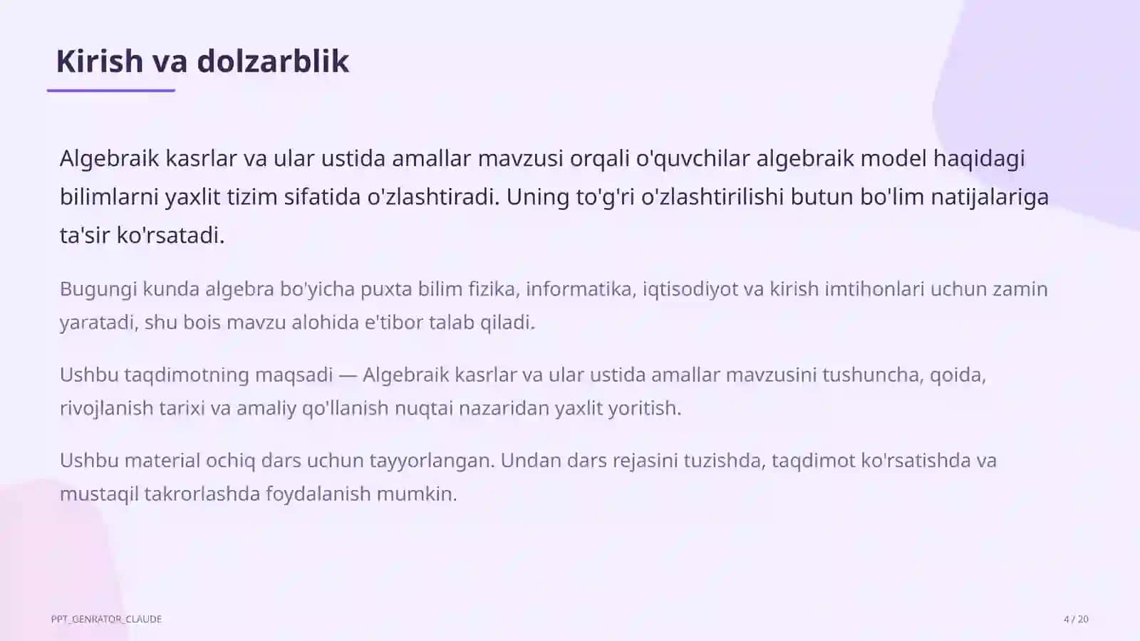 Algebraik kasrlar va ular ustida amallar (8-sinf) 4