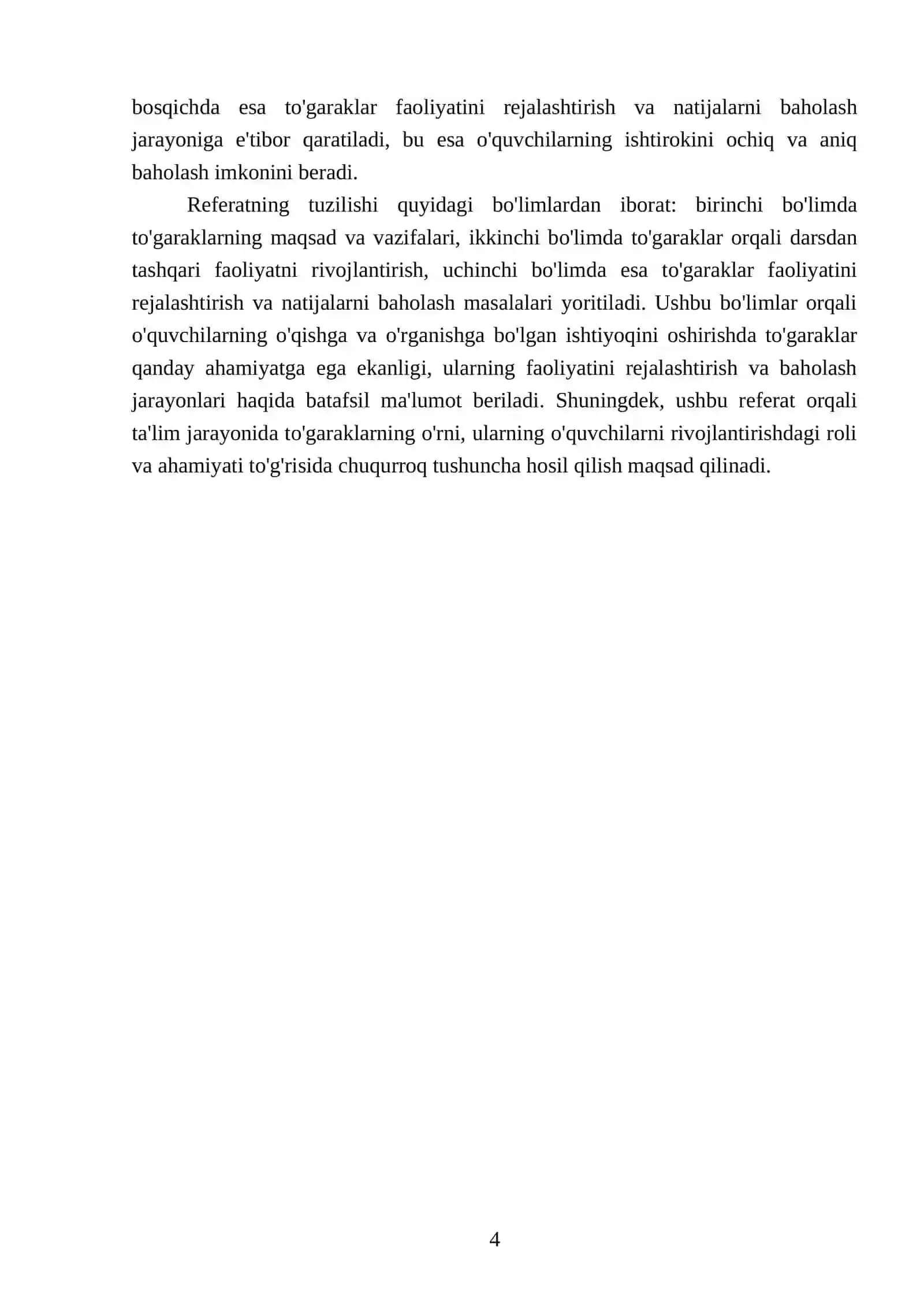 Oʻquvchilarni oʻqishga va o'rganishga boʻlgan ishtiyoqini oshirish uchun turli xil to'garaklar tuzishni hamda to'garak ishining rejasini ishlab chiqish 4
