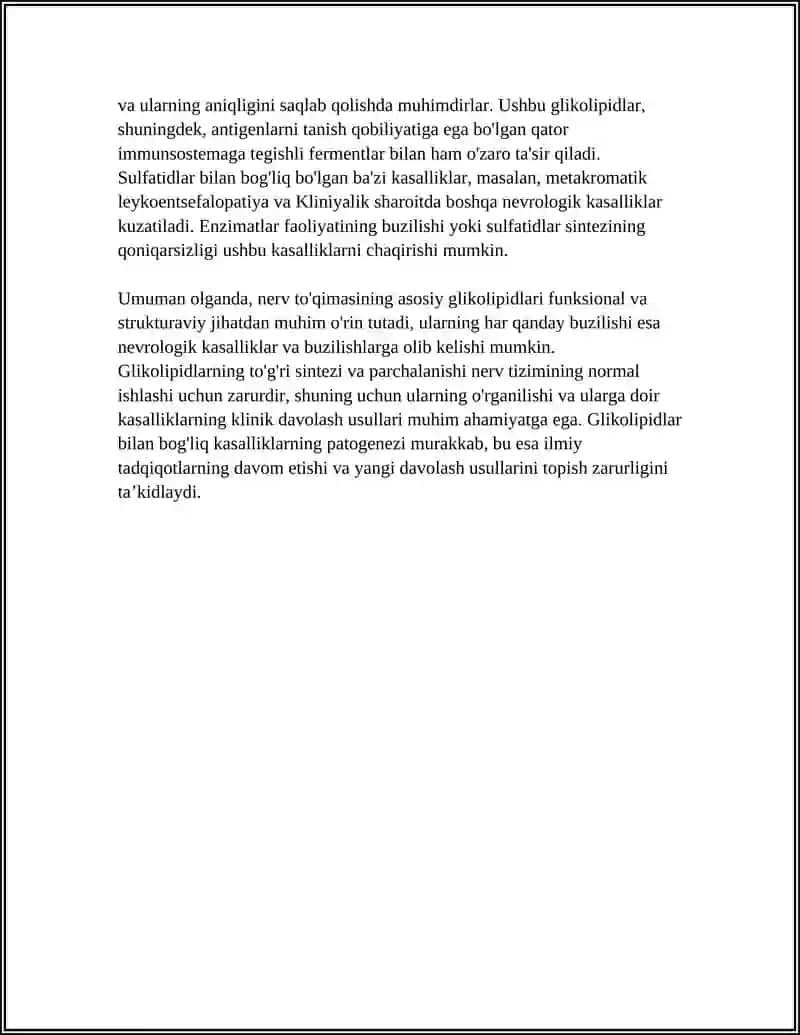 NERV TOʻQIMASINING ASOSIY GLIKOLIPIDLARI, AHAMIYATI, ULAR BILAN BOGʻLIQ KASALLIKLAR 4
