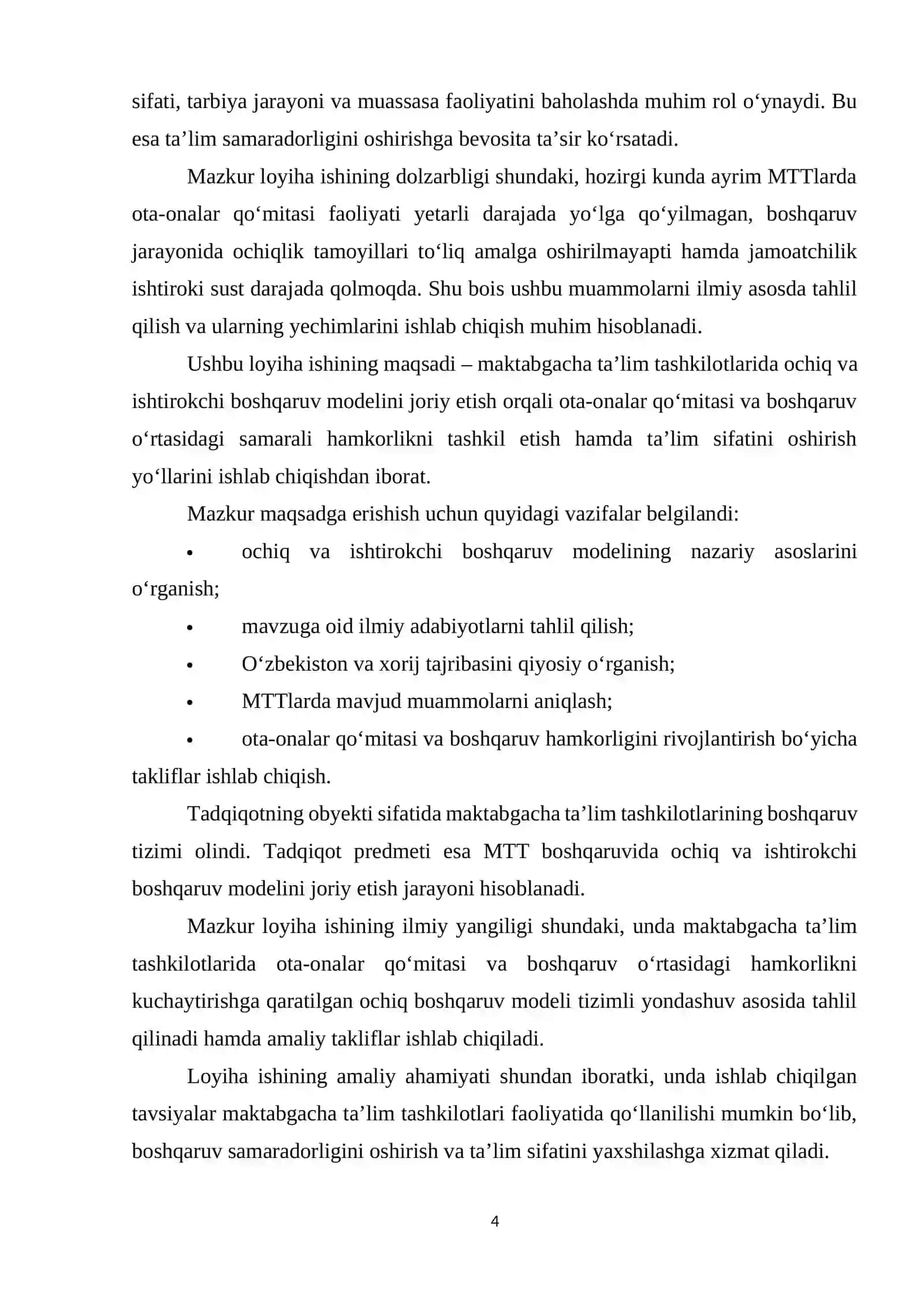 Maktabgacha ta'lim muassasasi boshqaruvi uchun loyiha 4