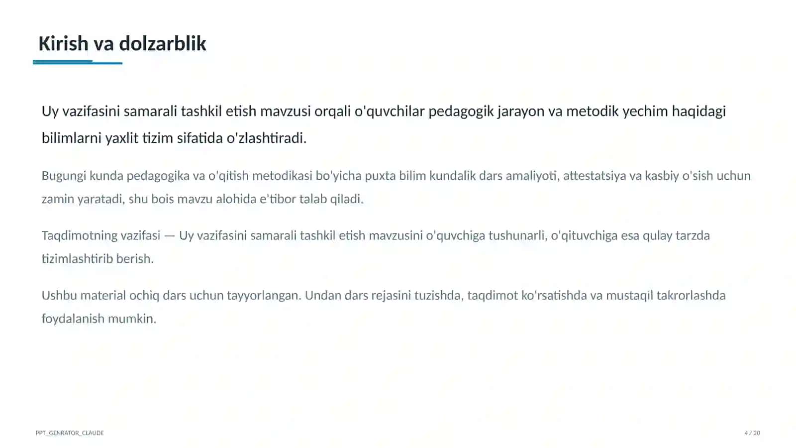 Pedagogika va o'qitish metodikasi — ochiq dars uchun 4