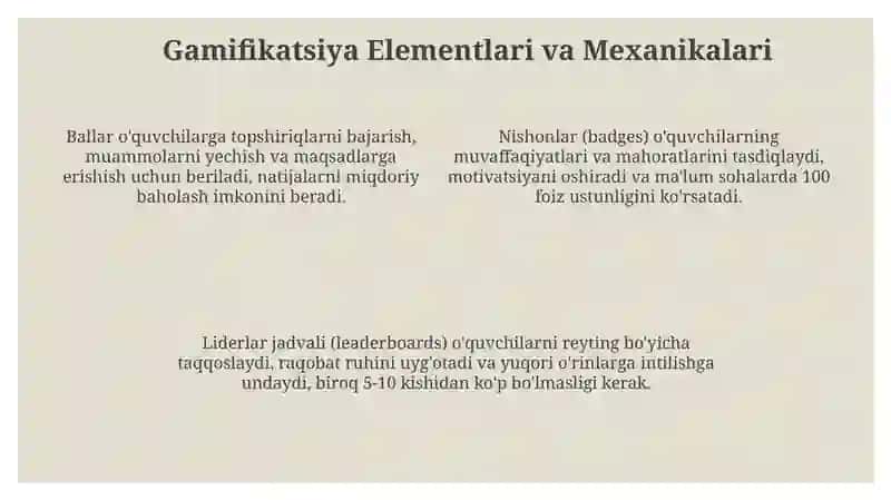 Gamifikatsiva va o'ouy jaravonida o'vinlashtirish usullarida 4