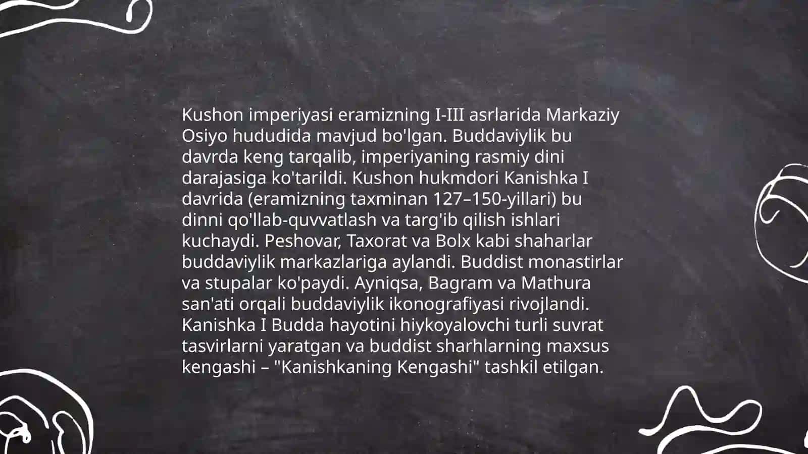 Òzbekistonda buddaviylik dinining tarixiy ildizlari ( Qoratepa, Fayoztepa, Dalvarzintepa ) va hozirgi zamon. O'rta Osiyoda buddaviylik dinining tarqalishi. Kushon madaniyati va uning o'ziga xos jihatlari 4