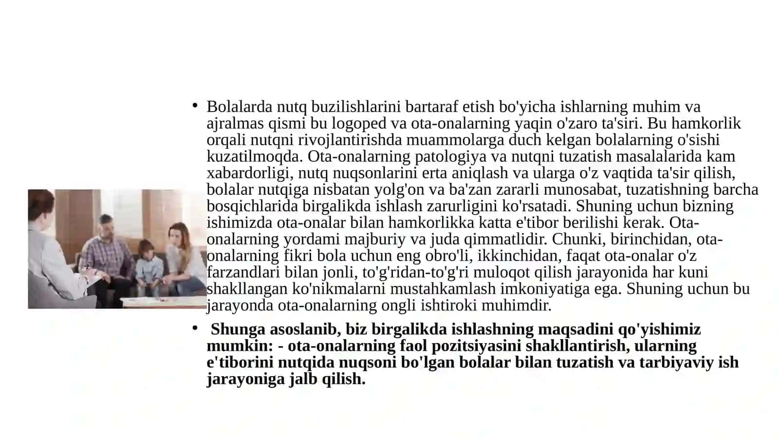 Nutq kamchiligiga ega bo‘lgan bolalar ota-onalari bilan logopedik ishni tashkil etish turlari va shakllari 4