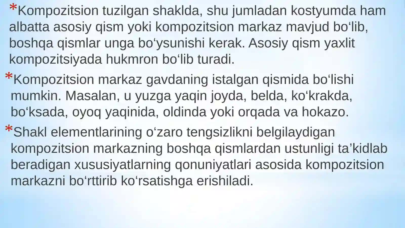 KOMPOZITSIYA XUSUSIYATLARI.KOSTYUMDAGI PROPORSIYALAR VA NISBATLARO’ZBEK MILLIY NAQSHLARI VA ULARNING TUZILISHLARI.MILLIY NAQSHLARNING RAMZIY MA’NOSI 4