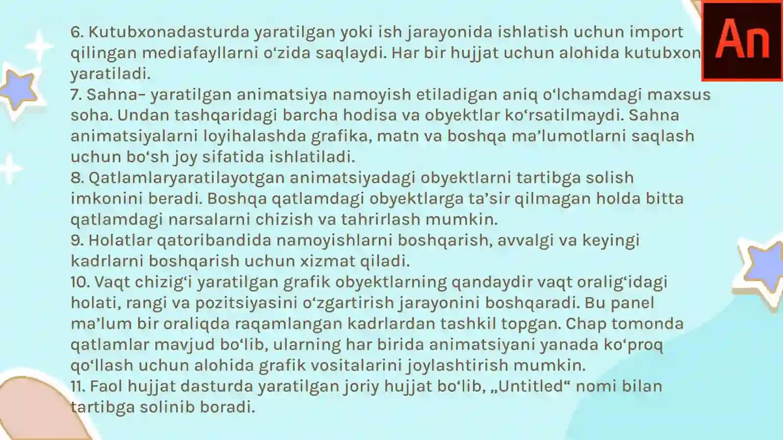 ADOBE ANIMATE DASTURINING INTERFEYSI VA USKUNALAR PANELI 4