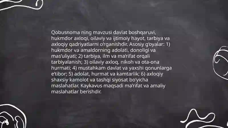 Kaykavus "Qobusnoma" asarini o'qib tahlil qilish 4
