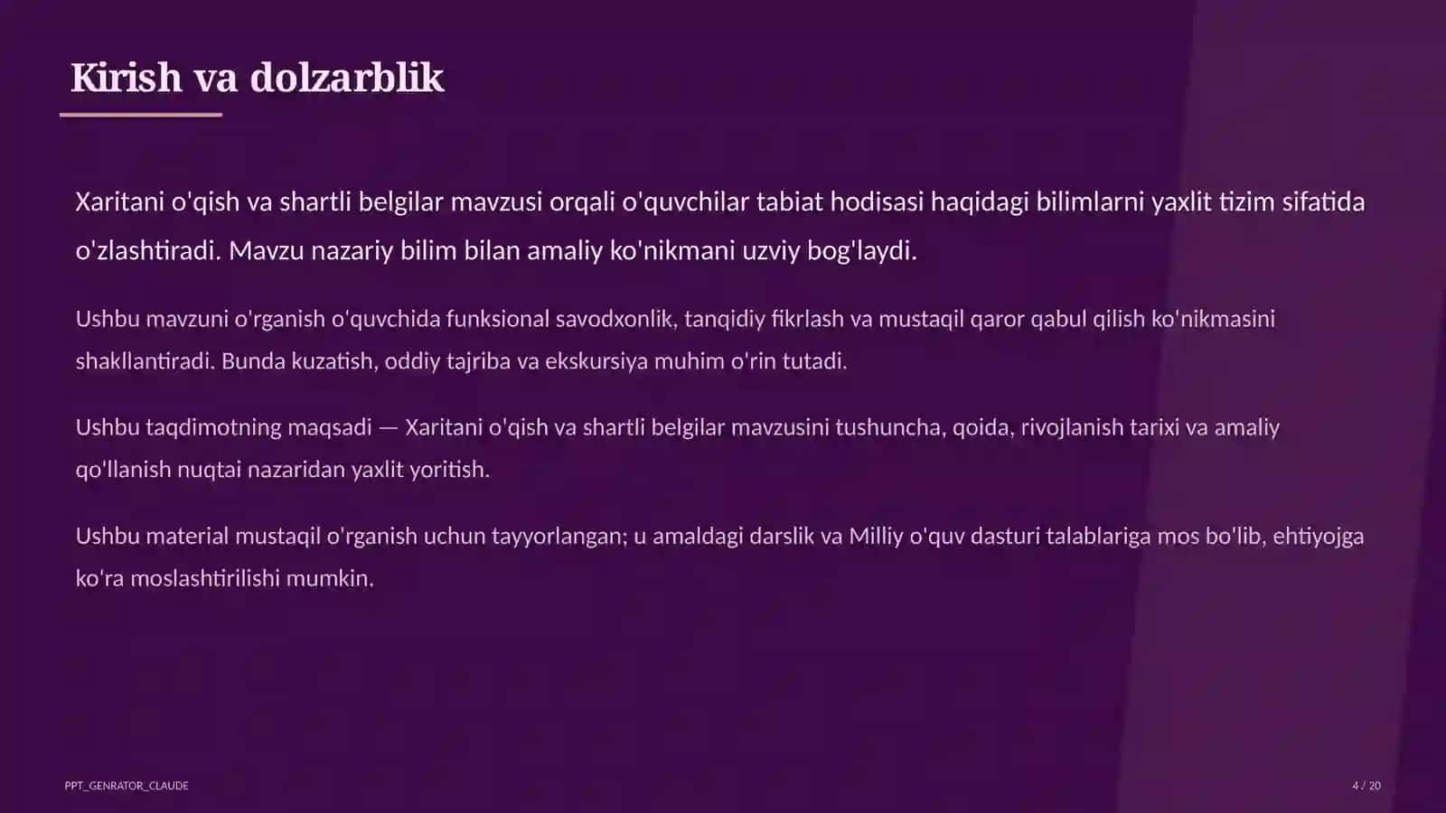 Xaritani o'qish va shartli belgilar (4-sinf) 4