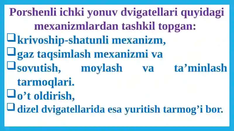Dvigatel umumiy tuzilishi va asosiy ko‘rsatkichlari 4