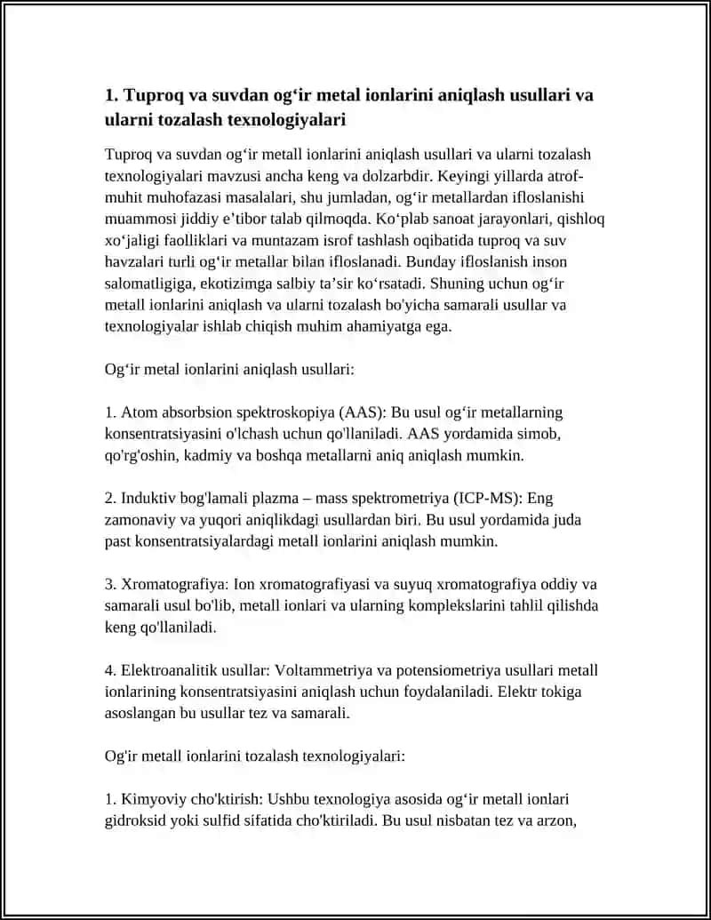 Tuproq va suvdan ogʻir metal ionlarini aniqlash usullari va ularni tozalash texnologiyalari 4