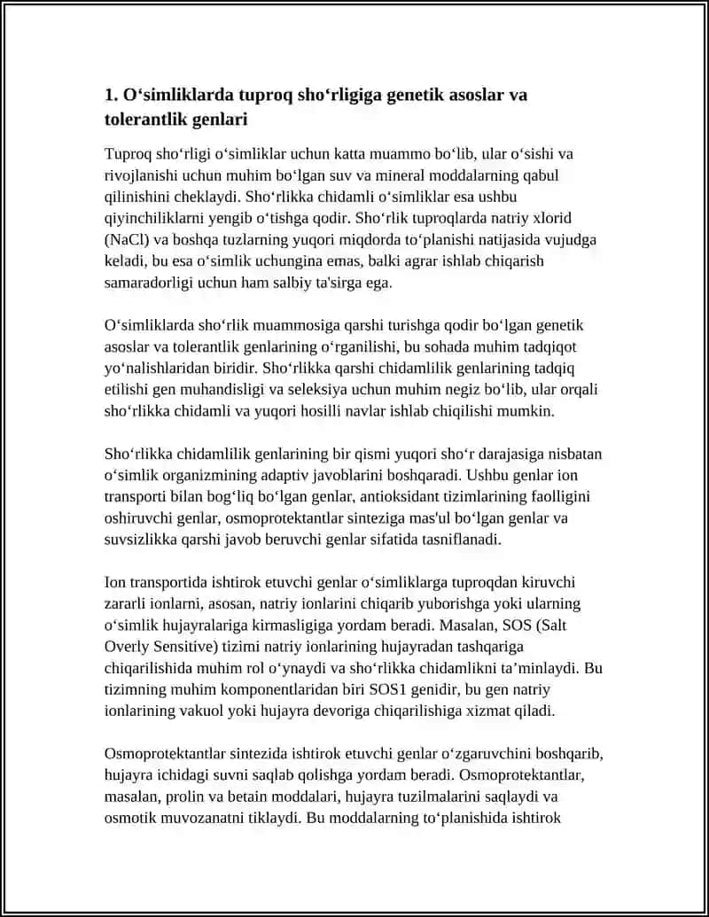 O‘SIMLIKLARNING TUPROQ SHO‘RLIGIGA, ZARARLI GAZLAR,RADIATSIYA,KSENOBIOTIKLAR VA INFEKSION KASALLIKLARGA CHIDAMLILIGI 4