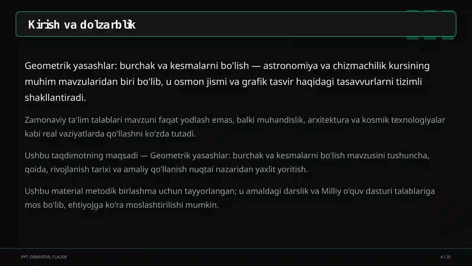 Geometrik yasashlar: burchak va kesmalarni bo'lish (8-sinf) 4