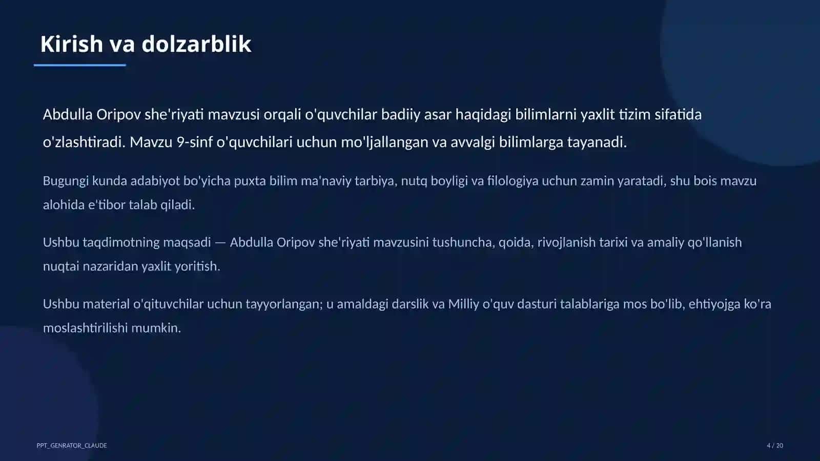 Abdulla Oripov she'riyati (9-sinf) 4