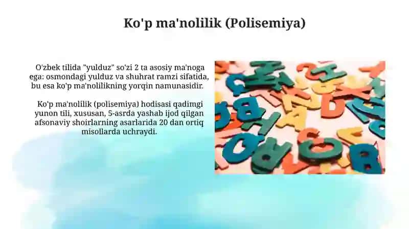 Leksikologiya. Polisemiya, sinosimiya va antonimiya 4