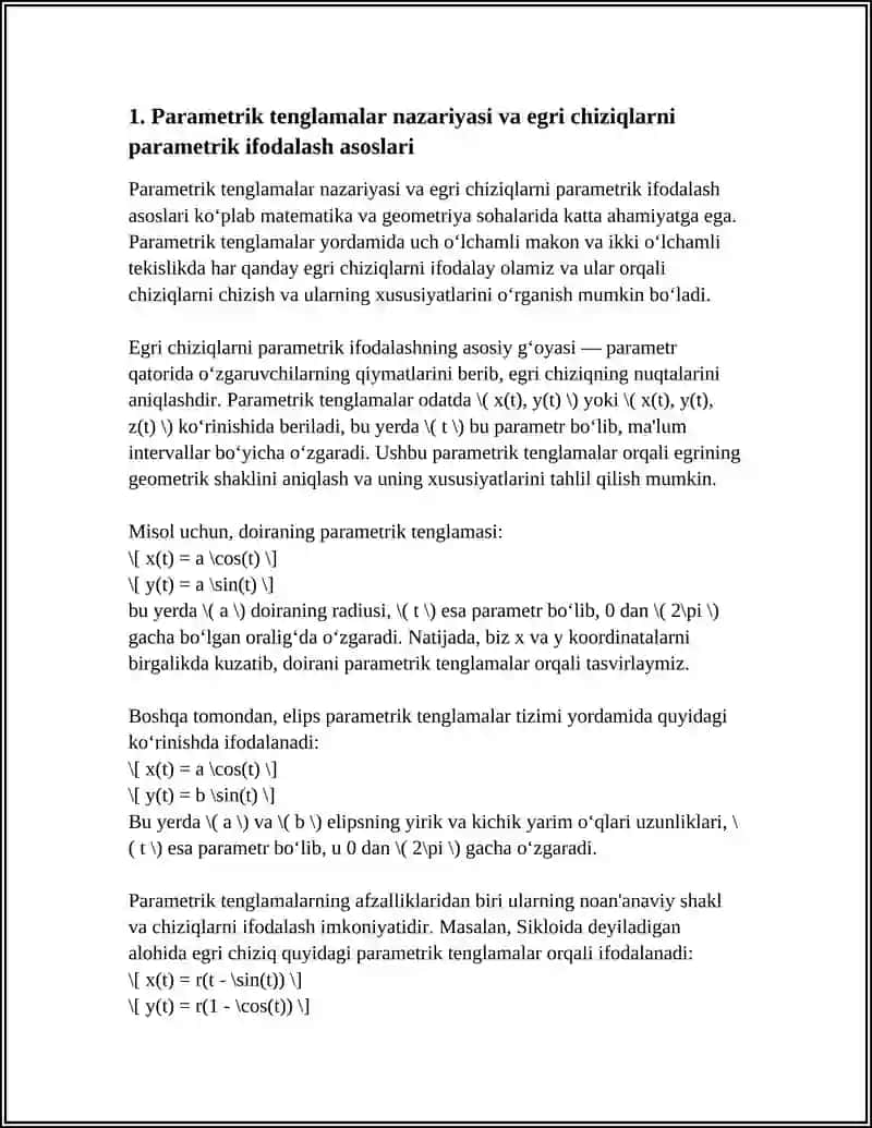 PARAMETRIK TENGLAMALAR BILAN BERILGAN EGRI CHIZIQLARNI CHIZISH MAVSUZI 4