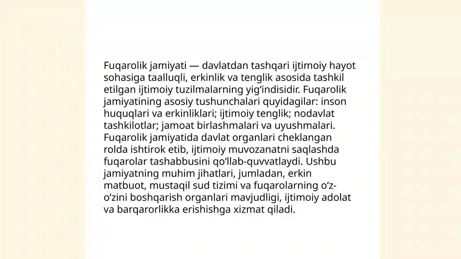 O'zbekiston Konstitutsiyasida fuqarolik jamiyatining shakllantirish.Shaxs jamiyat-davlat tizimida o'zaro uyg'unlik va mutanosiblik 4