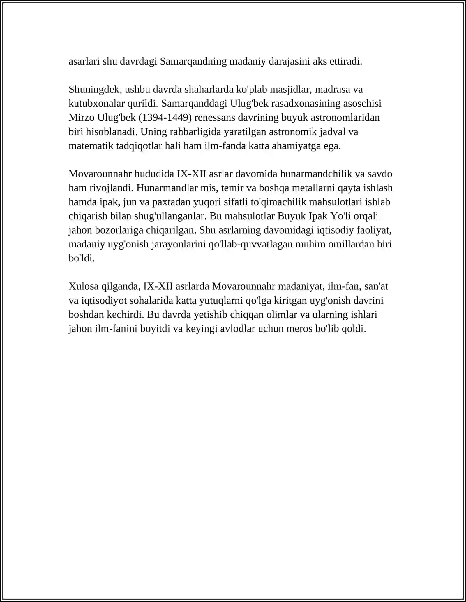 IX XII ASRLARDA MAMLAKATIMIZ HUDUDIDA RO'Y BERGAN MADANIY UYG'ONISH. BUYUK ALLOMALARIMIZNING JAHON SIVILIZATSIYASIGA QO'SHGAN HISSASI 4