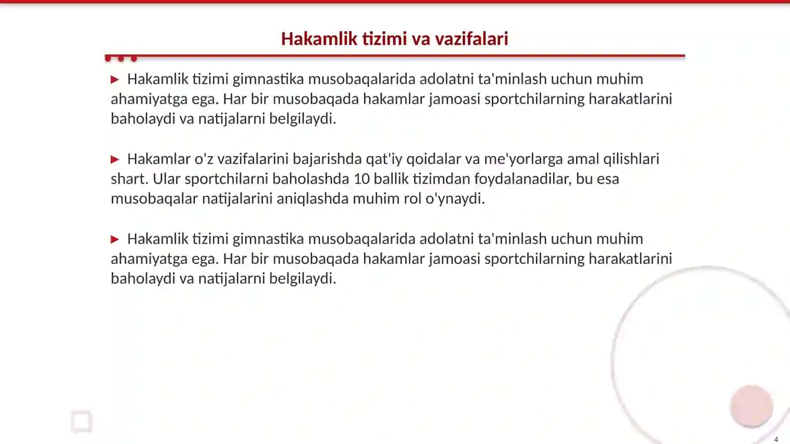 Gimnastika sport turlarida hakamlik qilish va musobaqalar oʻtkazish 4
