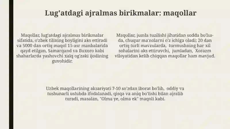 Lug‘at tarkibidagi ajralmas birikmalar maqol, matal, hikmatli so‘zlar 4