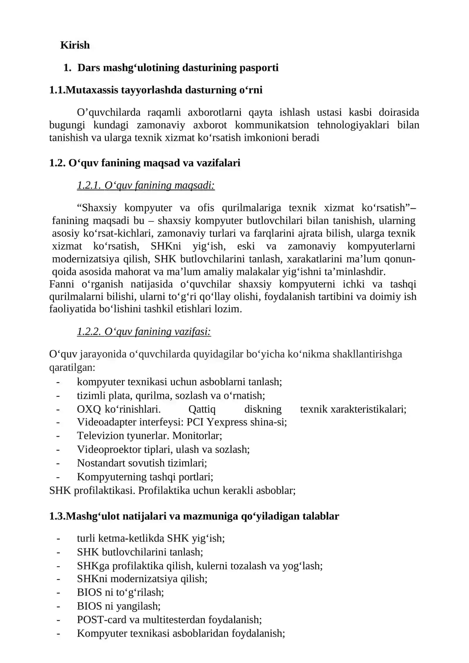 SHAXSIY KOMPYUTER ARXITEKTURASI  VA OFIS JIHOZLARIGA TEXNIK  XIZMAT KO’RSATISH” 4
