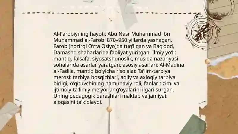 Sharq uygʻonish davrida pedagogik fikr taraqqiyoti.Al-Farobiyning taʼlim-tarbiyaga oid qarashlari 4