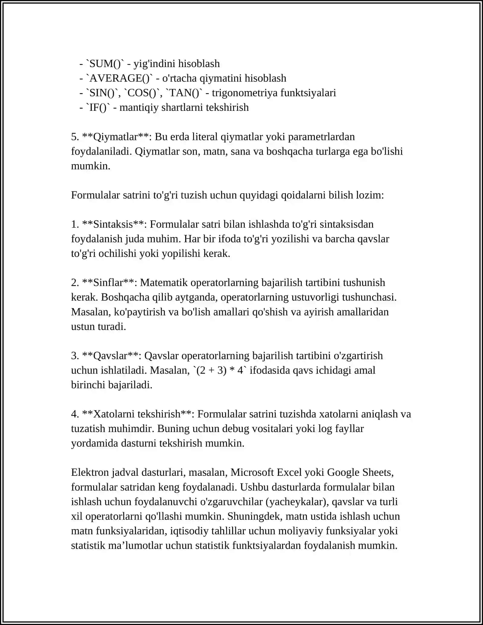 FORMULALAR SATRIDAN FOYDALANISH 4