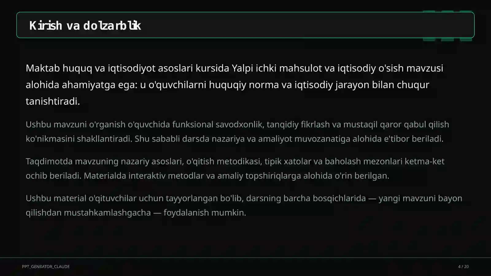 Huquq va iqtisodiyot asoslari (9– 11) — o'qituvchilar uchun 4
