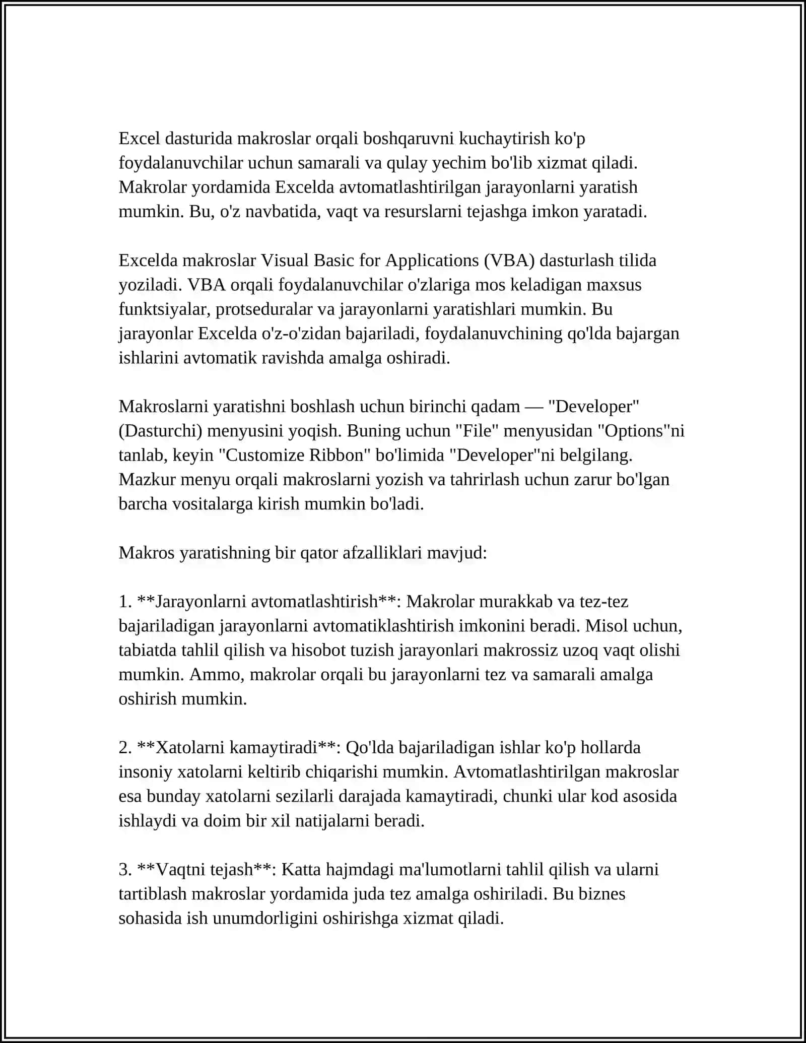 MS EXCEL YORDAMIDA BOSHQARUV VA REJALASHTIRISHNI AVTOMATLASHTIRISH 4