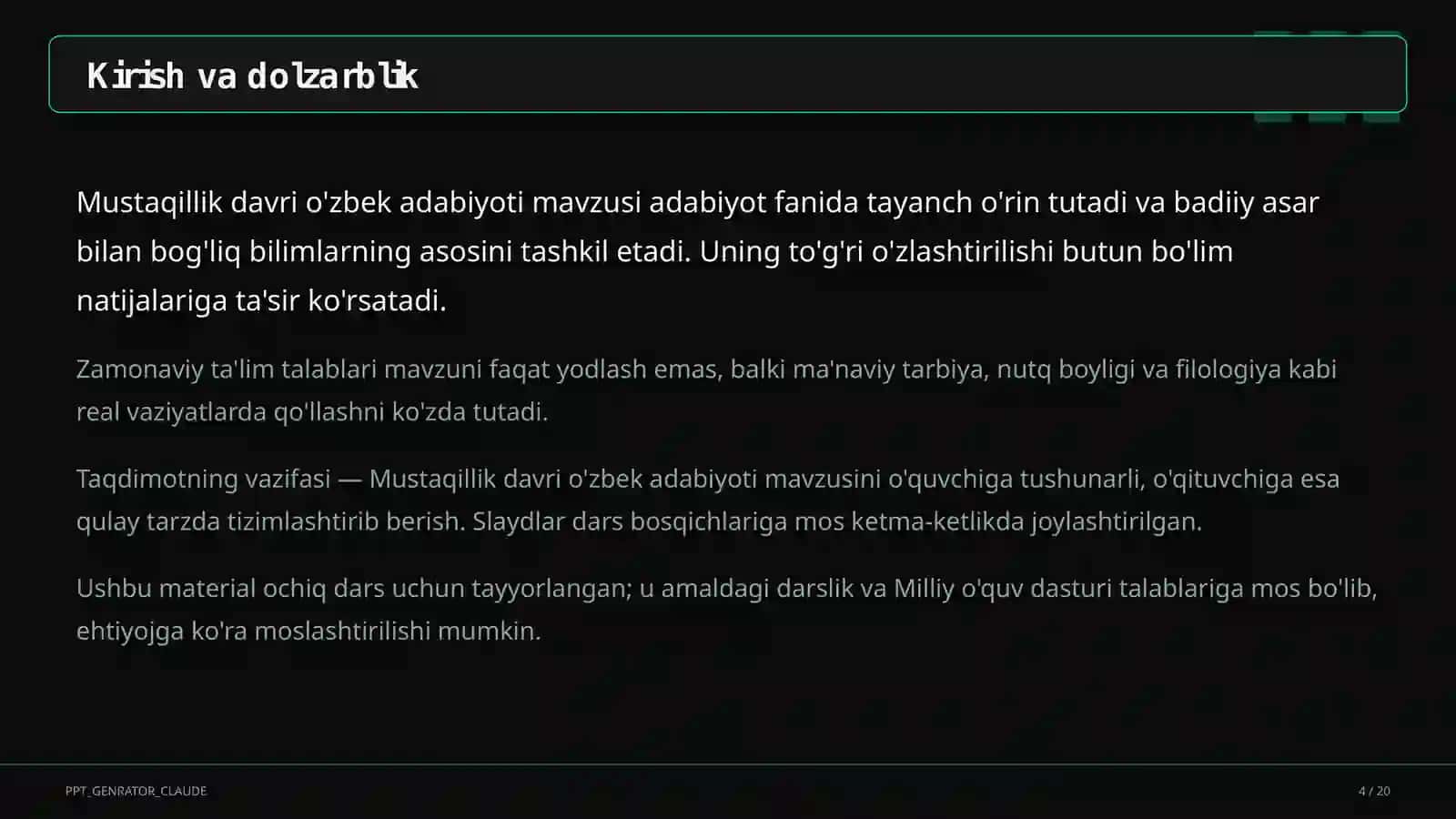 Mustaqillik davri o'zbek adabiyoti (11-sinf) 4