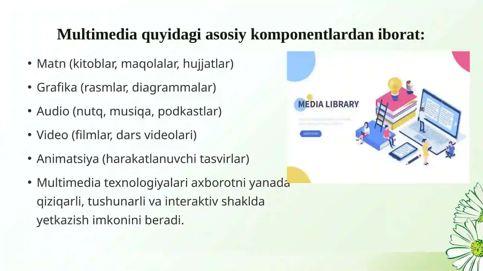AXBOROT-KUTUBXONA MUASSASALARIDAMULTIMEDIA VOSITALARIDAN FOYDALANISHNINGROLI VA AHAMIYATI 4