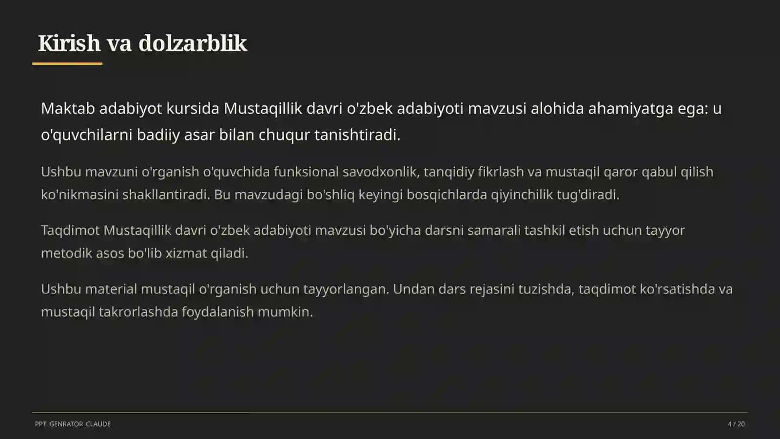 Mustaqillik davri o'zbek adabiyoti (11-sinf) 4