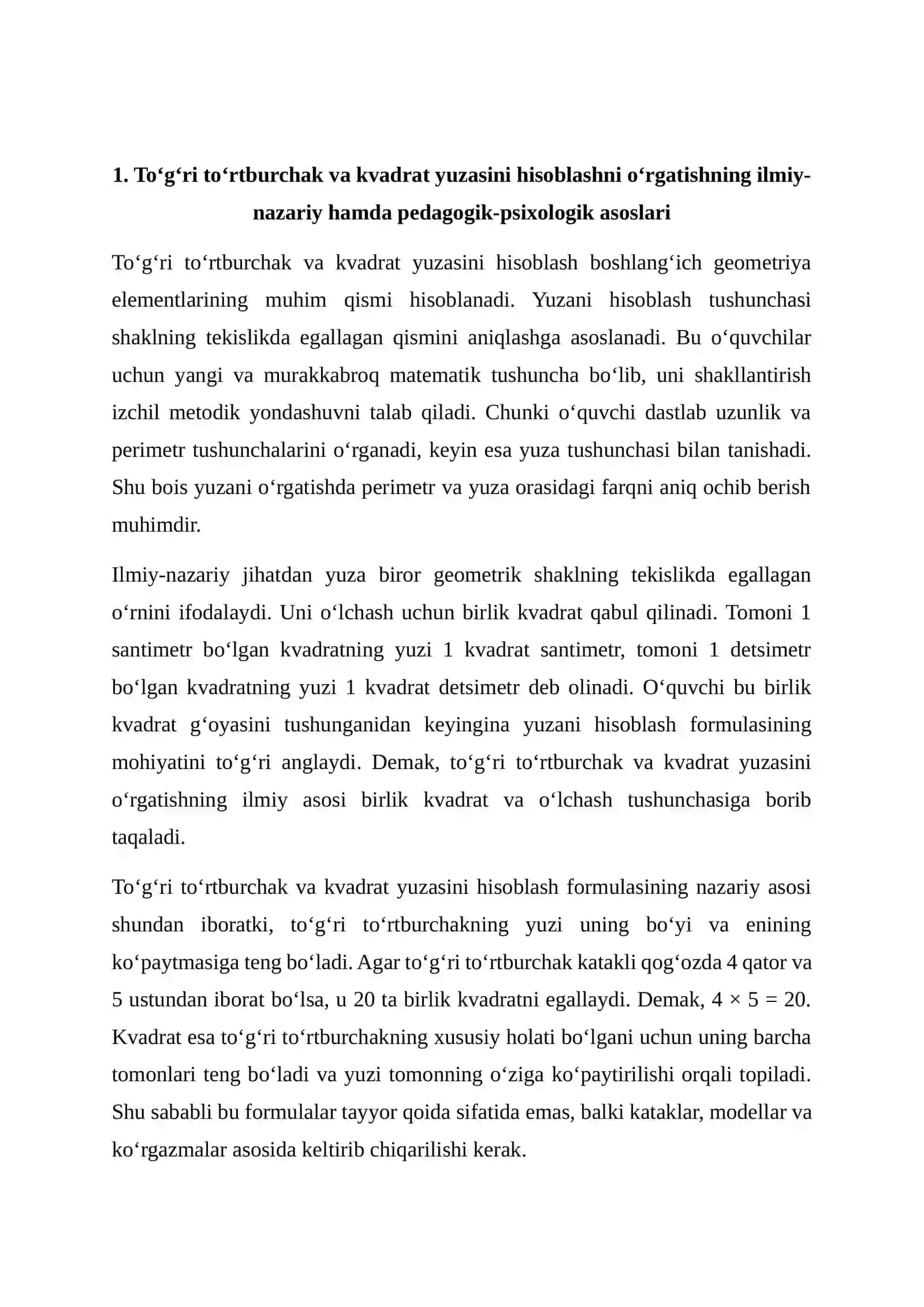 TO‘G‘RI TO‘RTBURCHAK VA KVADRAT YUZASINI HISOBLASH METODIKASI 4