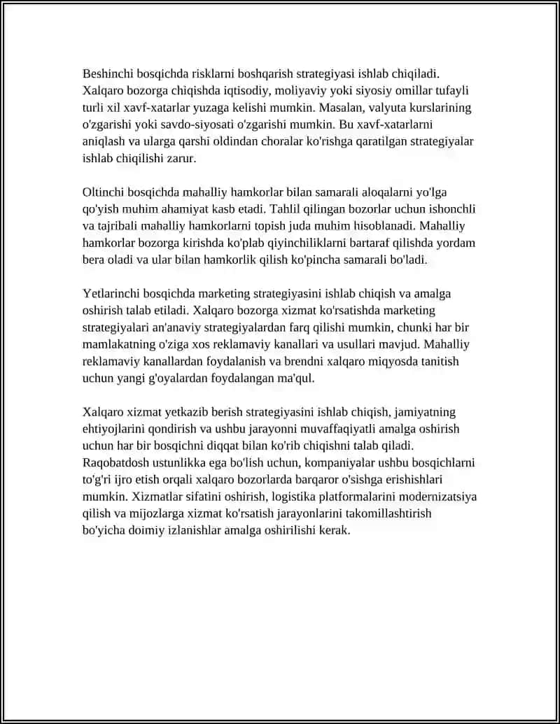 XALQARO BOZOR UCHUN XIZMATLARNI YETKAZIB BERISH BOSHQARISH VA NAZORAT QILISHNI YOLGA QOYISH 4