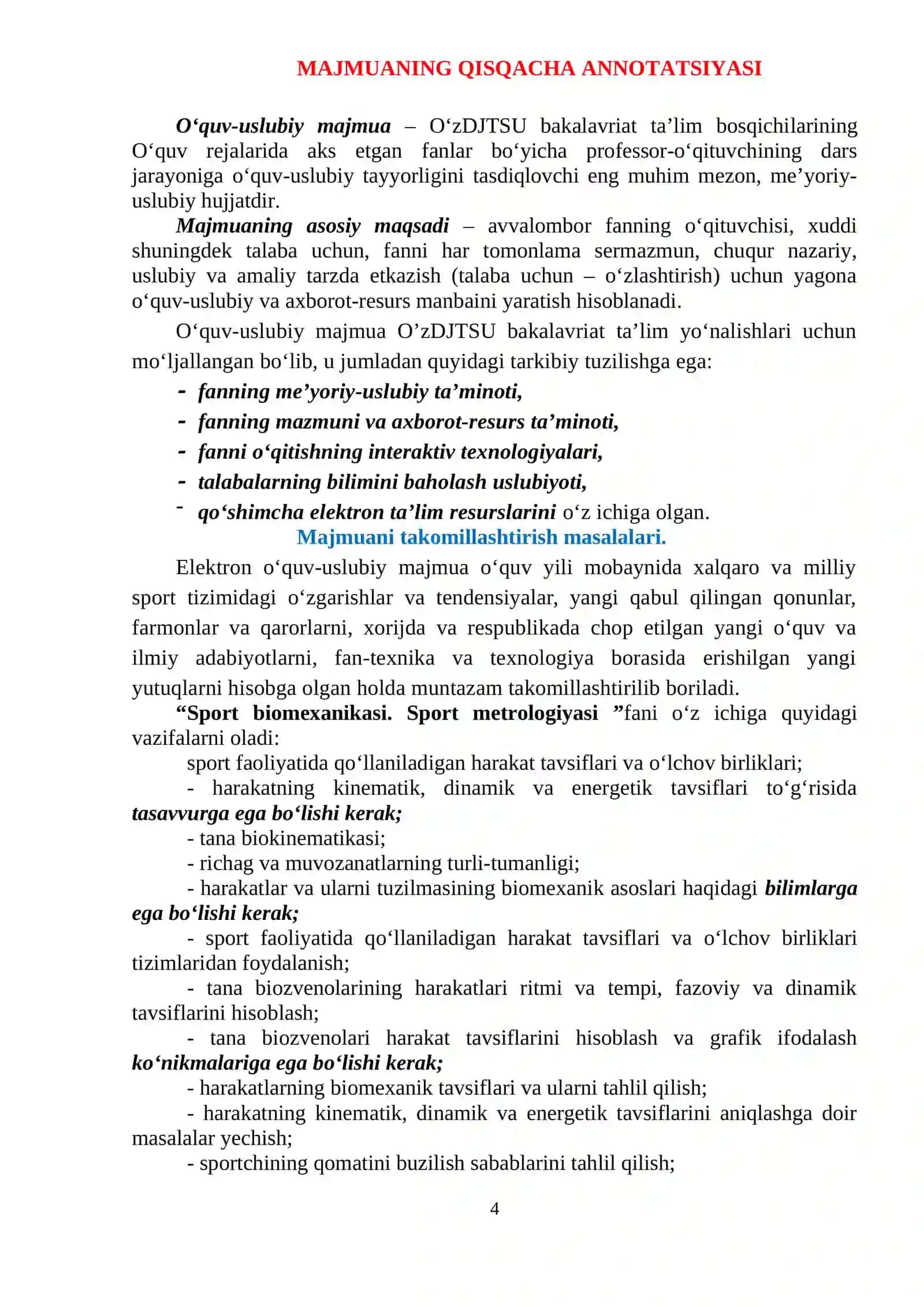 SPORT BIOMEXANIKASI. SPORT METROLOGIYASI 4
