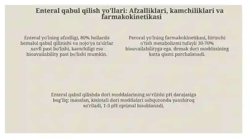 Dorilarning organizmga yuborish yoʻllari. Enteral va parentaral 4