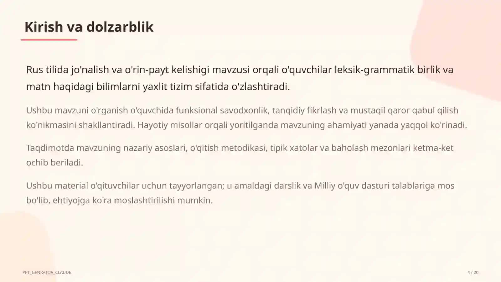Rus tilida jo'nalish va o'rin-payt kelishigi (5-sinf) 4