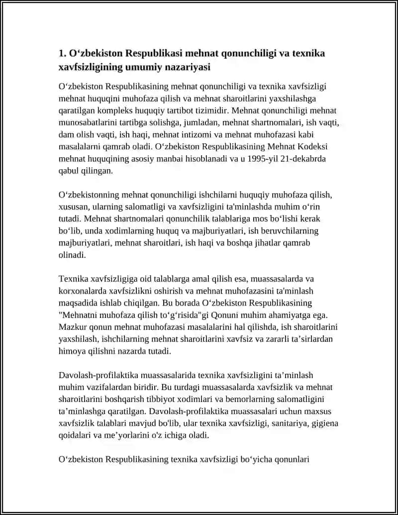 O'ZB. RESPUBLIKASINI MEXNAT GONUNCHILIGINI VA DAVOLASH-PROFILAKTIKA MUASSASALARIDA TEXNIKA XAVFSIZLIGI BO'YICHA DAVLAT GONUNLARINI O'RGANISH 4