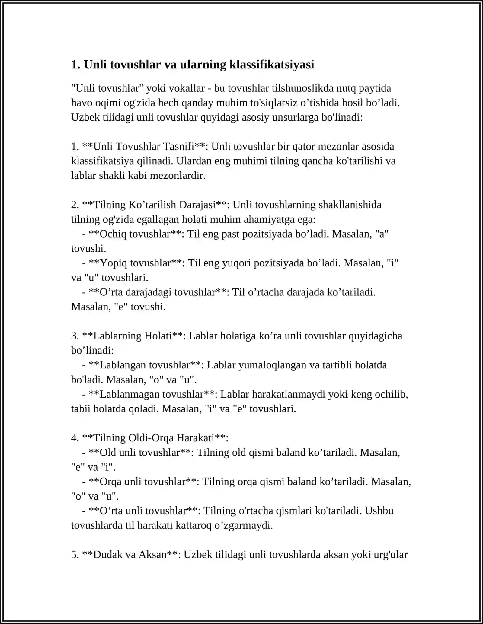 OʻZBEK TILIDA UNLI VA UNDOSHLAR TASNIFI 4