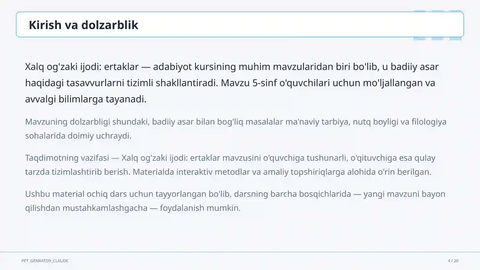 Xalq og'zaki ijodi: ertaklar (5-sinf) Adabiyot 4