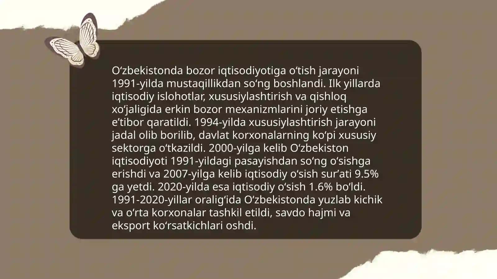 Iqtisodiy islohotlar, xususiy mulkchilikni shakllanishi, Oʻzbekistonda bozor munosabatlarining shakllanishi 4