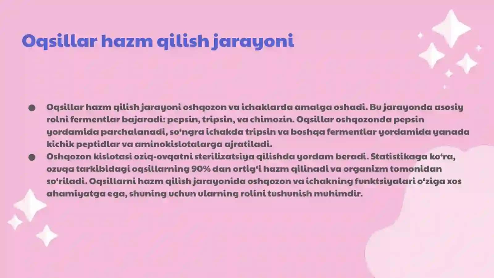 Oqsillar metabolizmi,hazmlanishi, soʻrilishi va taqsimlanishi 4