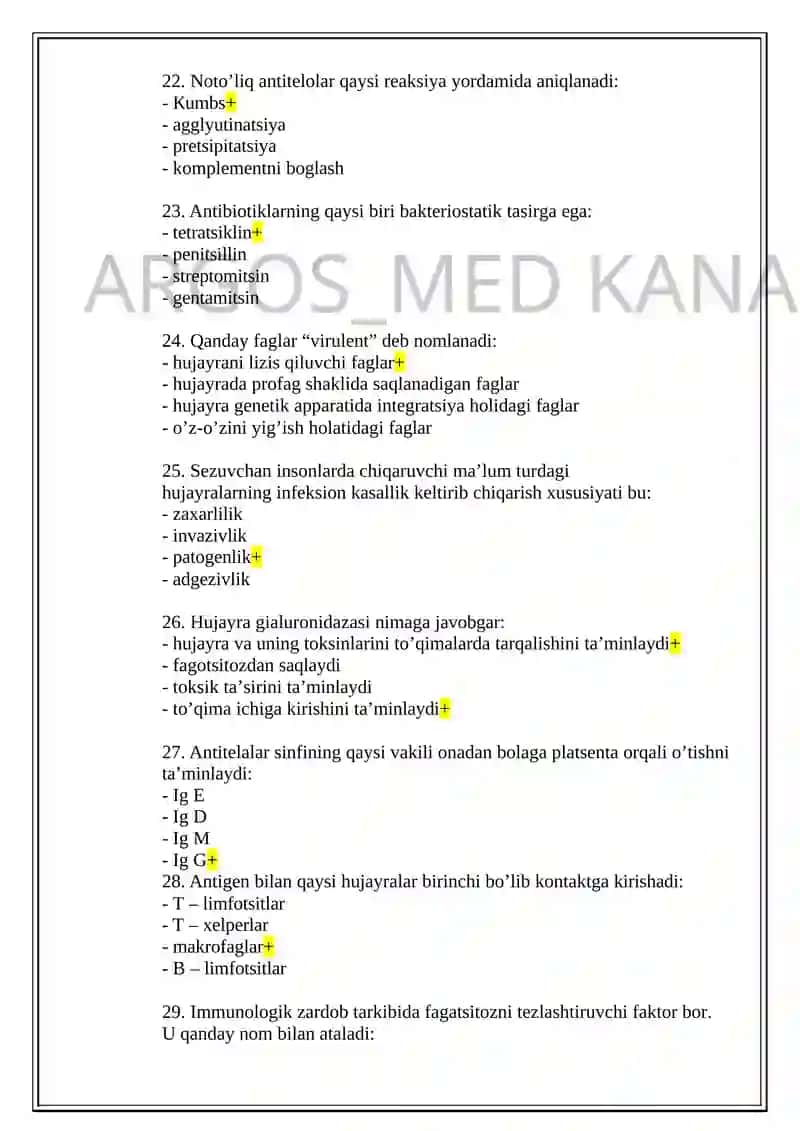 Bakteriologiya mutaxassisligi bo’yicha shakllantirilgan test savollari ro’yxati 4
