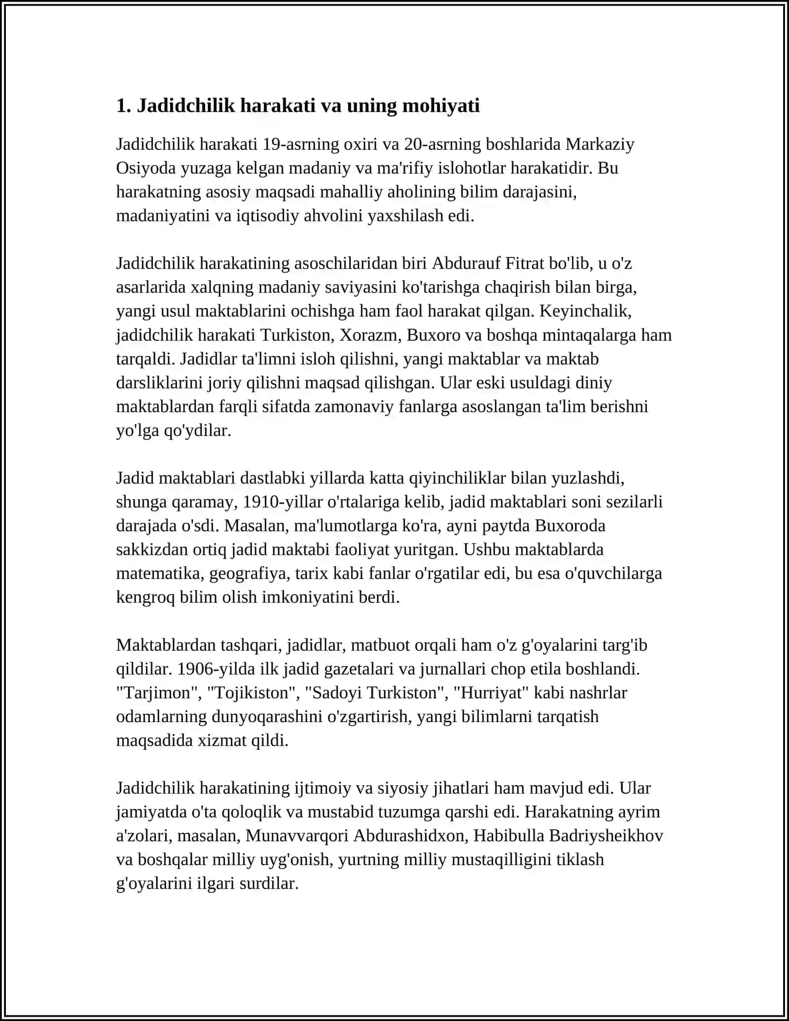 JADID MA'RIFATPARVARLARINING O'LKA IJTIMOIY-MA'NAVIY HAYOTIDA TUTGAN O'RNI (MUNNAVVARQORI, FITRAT, MAHMUDXOʻJA BEHBUDIY VA ABDULLA AVLONIY) 4